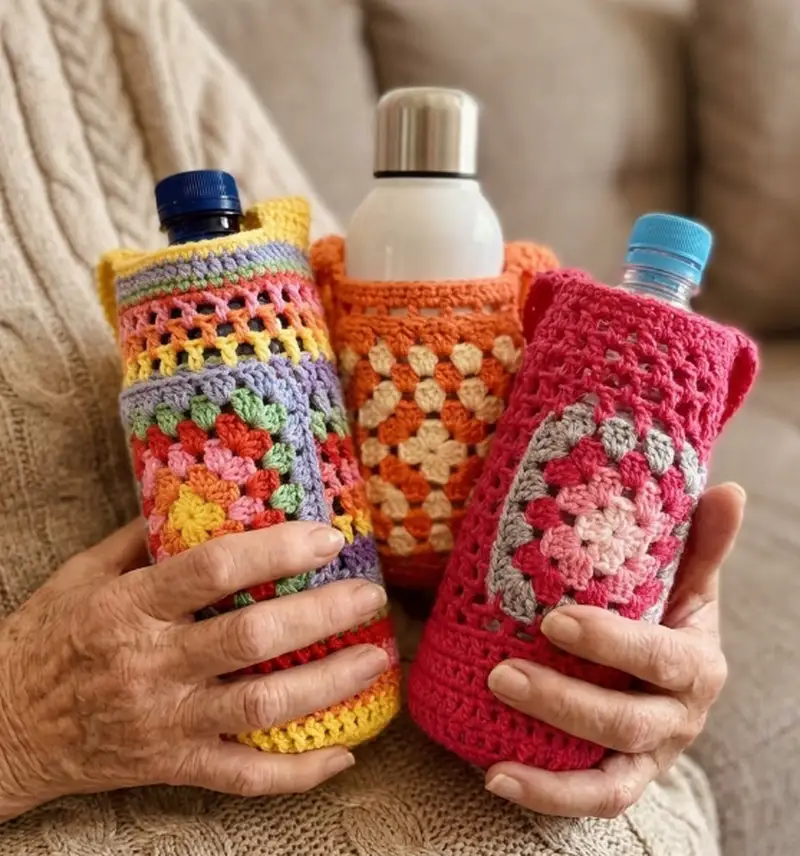 Complimentary Beginner Friendly crochet pattern: Granny Square Pocket Bottle Holder Pattern - Simple to follow guide