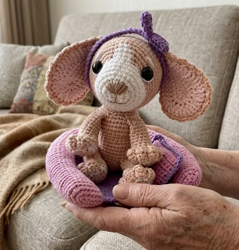 Complimentary Intermediate crochet pattern: Spaniel in a Dog Bed Amigurumi Pattern - Simple to follow guide