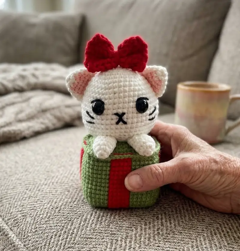 Quality crochet pattern: Christmas Giftbox Cat Amigurumi Pattern - Intermediate level guide with complete instructions