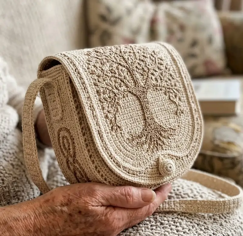 Complimentary Intermediate crochet pattern: Tree of Life Leather Bag Pattern - Simple to follow guide