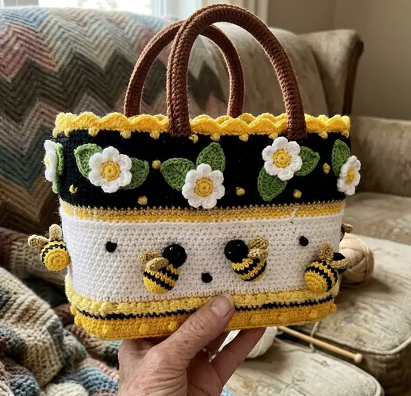 Complimentary Intermediate crochet pattern: Bee-utiful Pimp Your Bag Pattern - Simple to follow guide