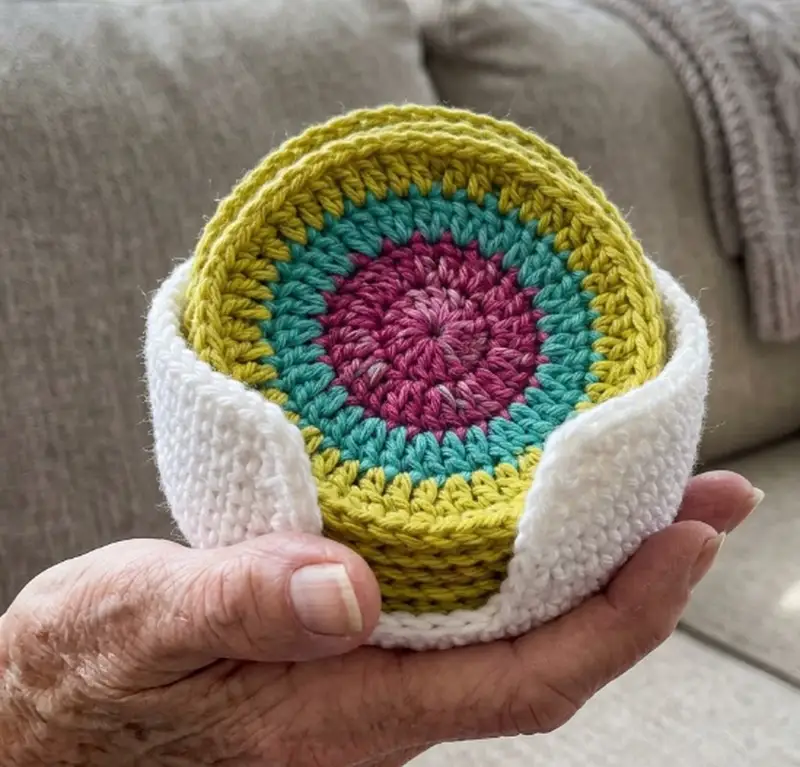 Complimentary Beginner Friendly crochet pattern: Crochet Coaster and Coaster Holder Pattern - Simple to follow guide