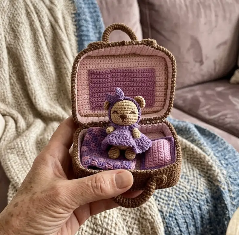 Complimentary Intermediate crochet pattern: Teddy Bear in Suitcase Amigurumi Pattern - Simple to follow guide