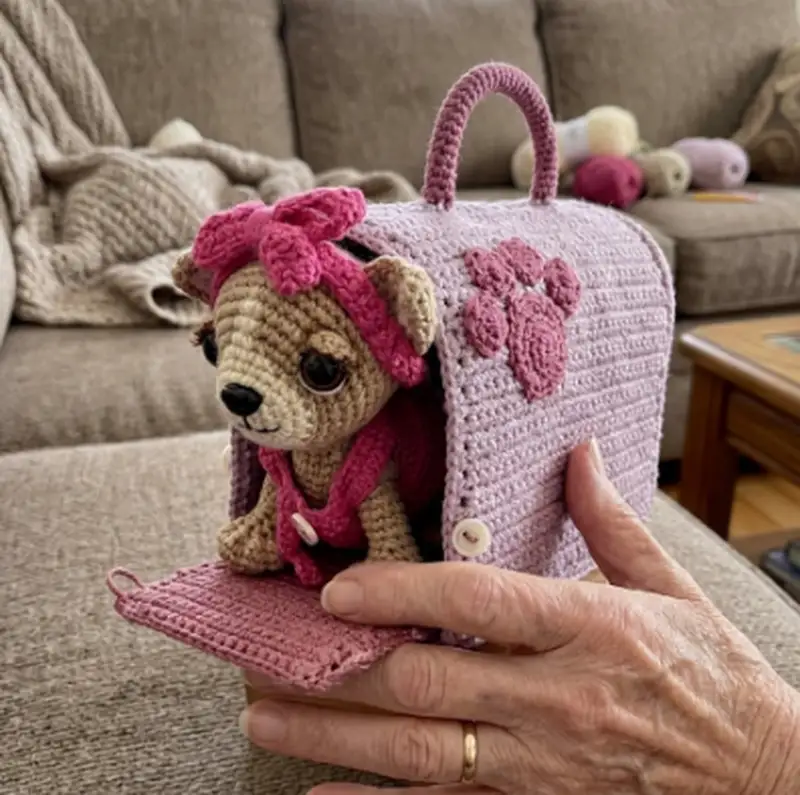 Complimentary Intermediate crochet pattern: Chihuahua in a Carrier Bag Amigurumi Pattern - Simple to follow guide