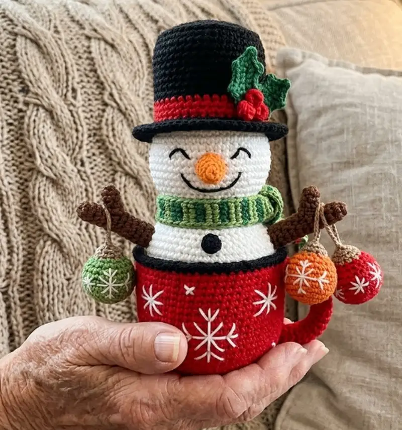Complimentary Intermediate crochet pattern: The Snowman Mug Amigurumi Pattern - Simple to follow guide