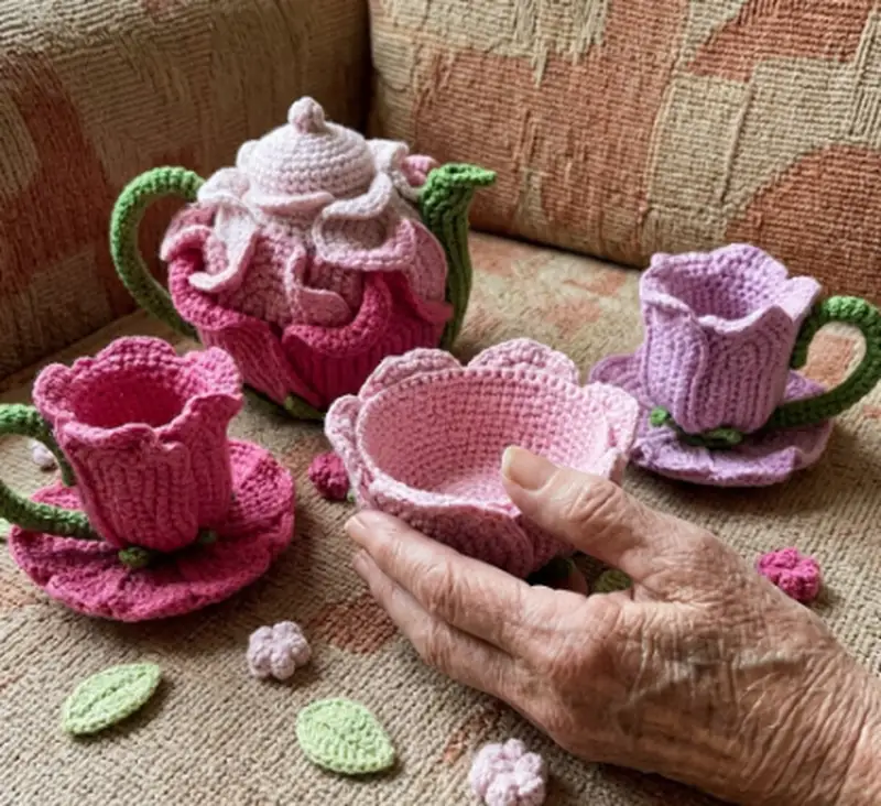Quality crochet pattern: Floral Tea Set Crochet Pattern - Intermediate level guide with complete instructions