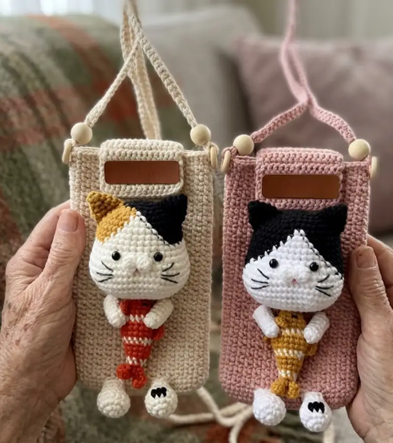 Complimentary Intermediate crochet pattern: Cat Phone Pouch Amigurumi Pattern - Simple to follow guide