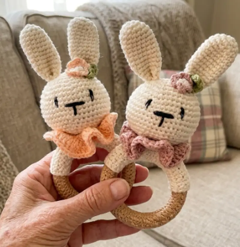Complimentary Intermediate crochet pattern: Bunny baby rattle Amigurumi Pattern - Simple to follow guide