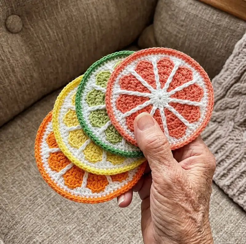 Complimentary Intermediate crochet pattern: Citrus Slice Coasters Pattern - Simple to follow guide
